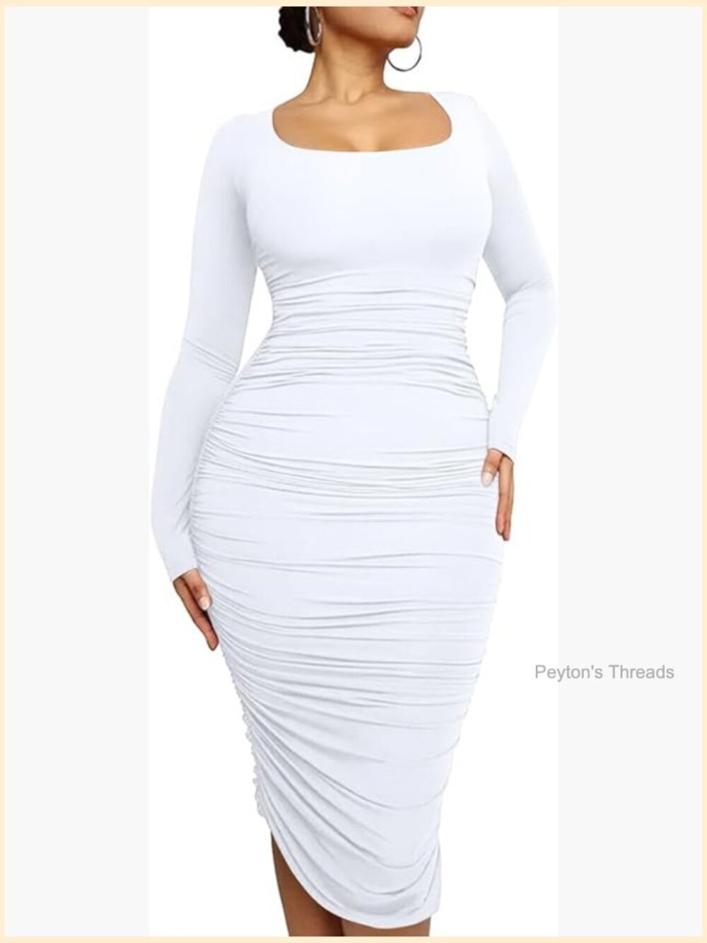 Plus Size Bodycon Midi Dress Long Sleeve Scoop Neck Ruched Party Dress